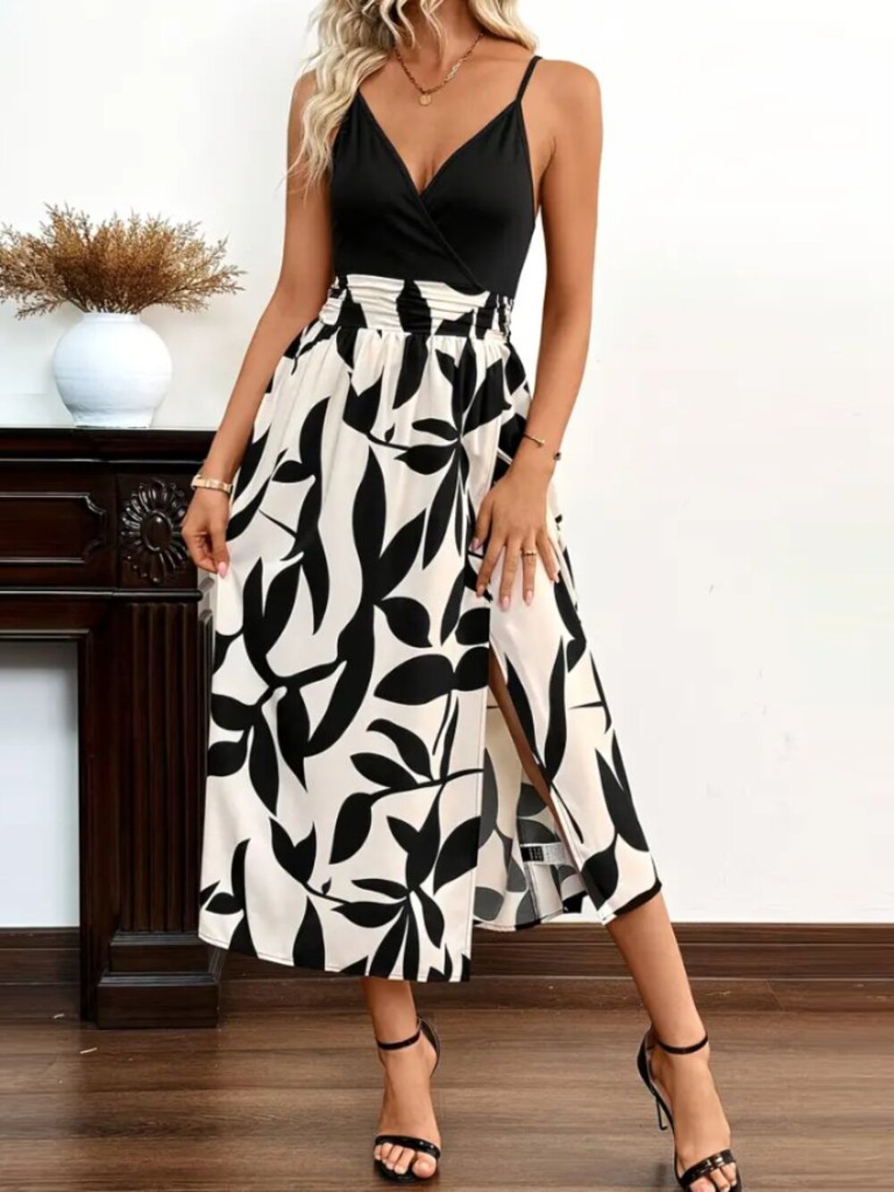 Women's Elegant Floral Print Maxi Dress – Backless Spaghetti Strap High Slit